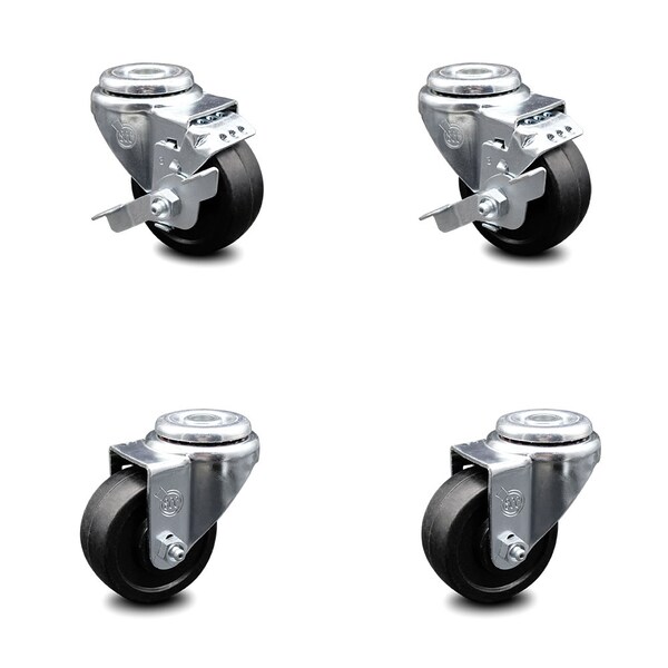 3.5 Inch Soft Rubber Wheel Swivel Bolt Hole Caster Set with 2 Brake SCC